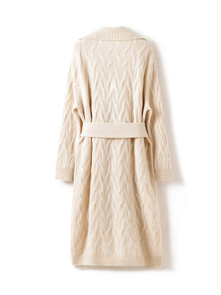 Cable Knit Lapel Collar Long Cashmere Robe