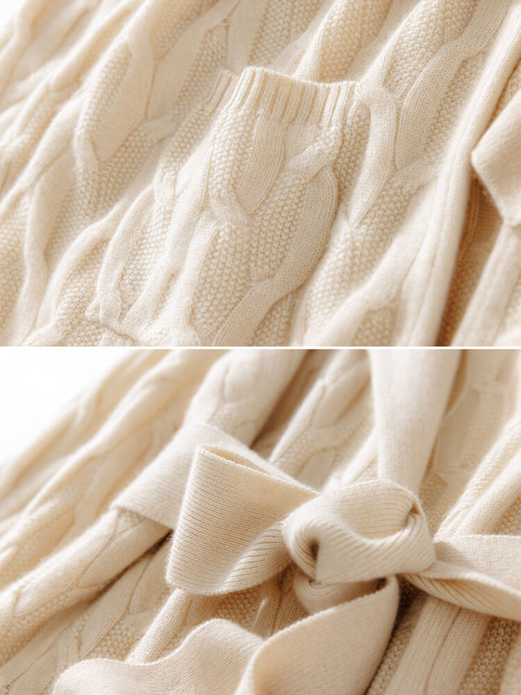 Cable Knit Lapel Collar Long Cashmere Robe