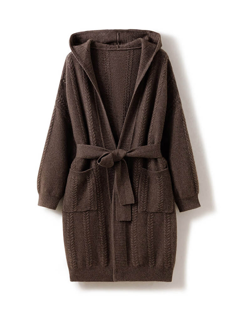 Cable-Knit Hooded Cashmere Cardigan with Belt