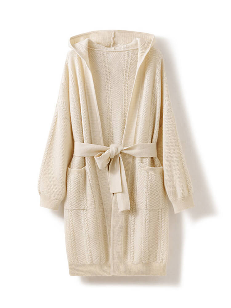 Cable-Knit Hooded Cashmere Cardigan with Belt