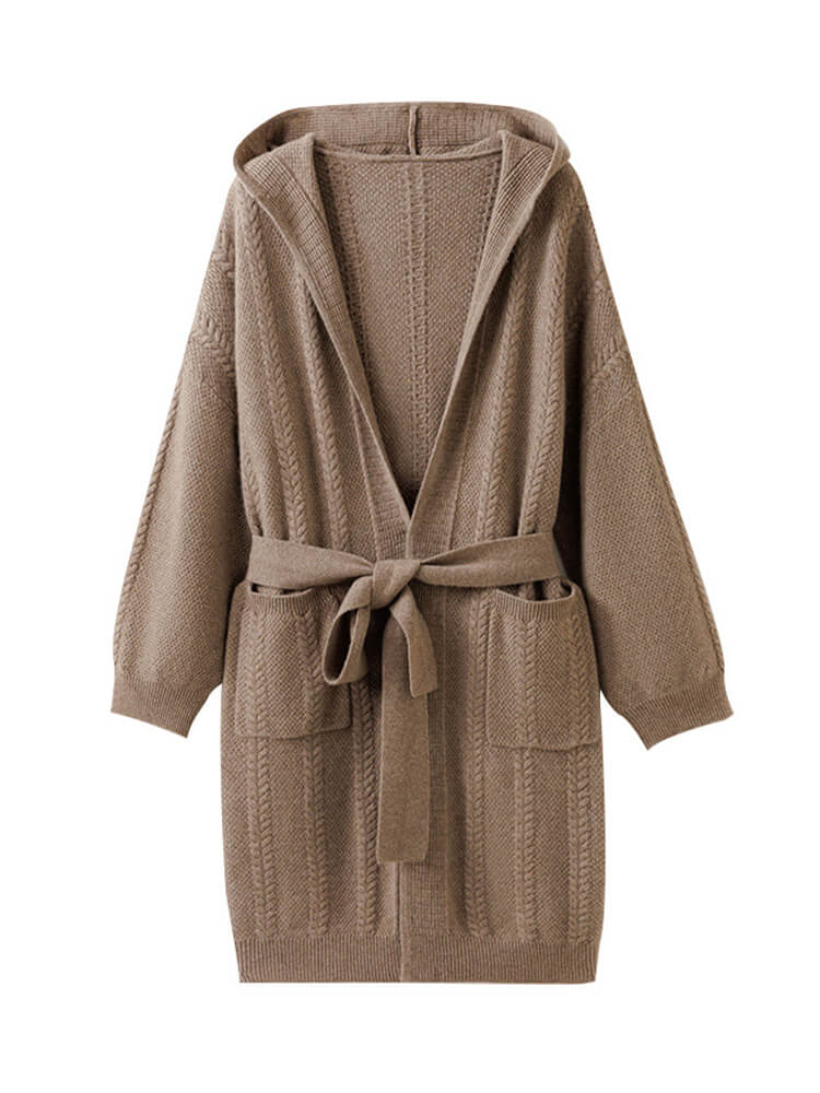 Cable-Knit Hooded Cashmere Cardigan with Belt