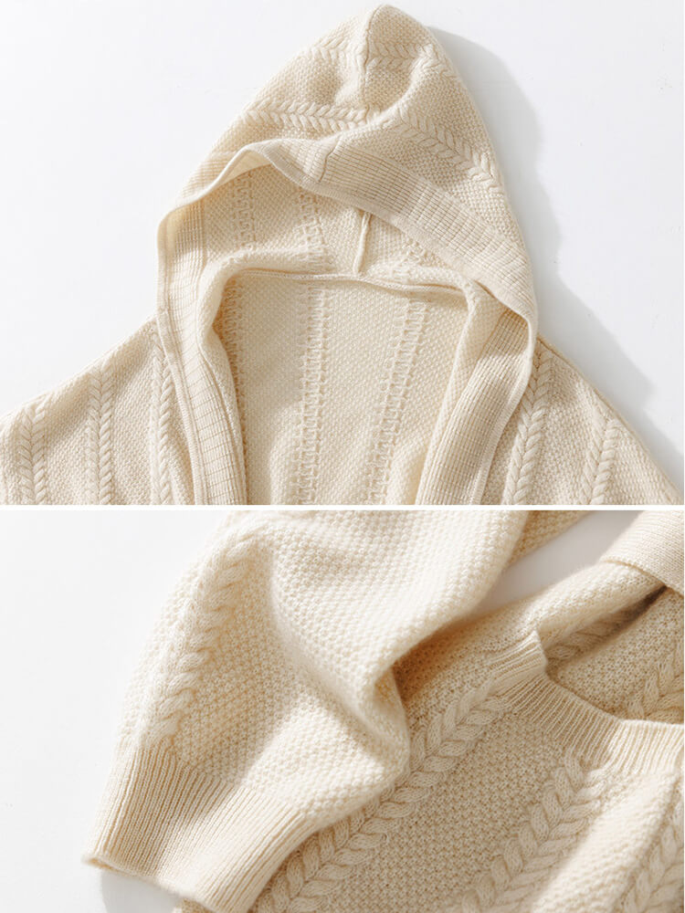 Cable-Knit Hooded Cashmere Cardigan with Belt