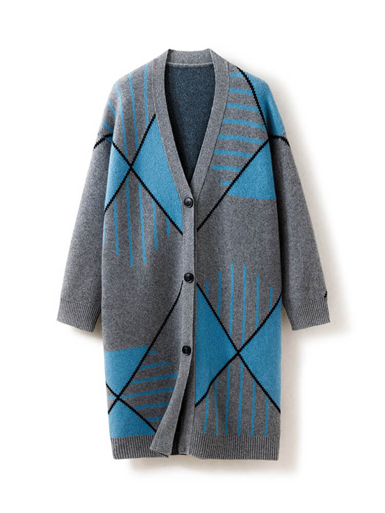 Blue Grey Button Front Cashmere Cardigan with Line Pattern