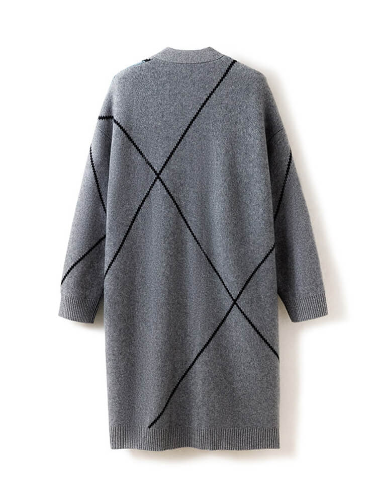 Blue Grey Button Front Cashmere Cardigan with Line Pattern