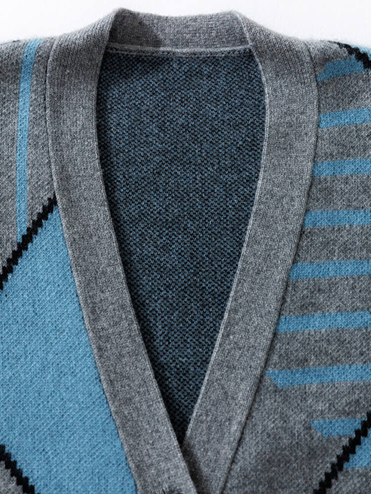 Blue Grey Button Front Cashmere Cardigan with Line Pattern