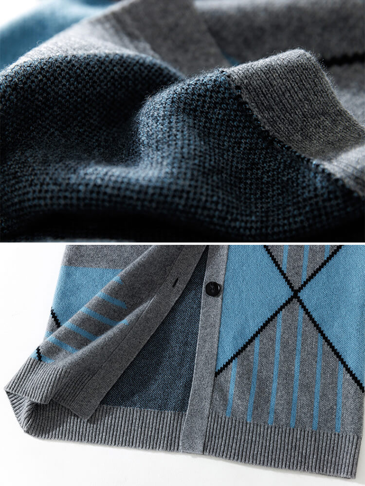 Blue Grey Button Front Cashmere Cardigan with Line Pattern