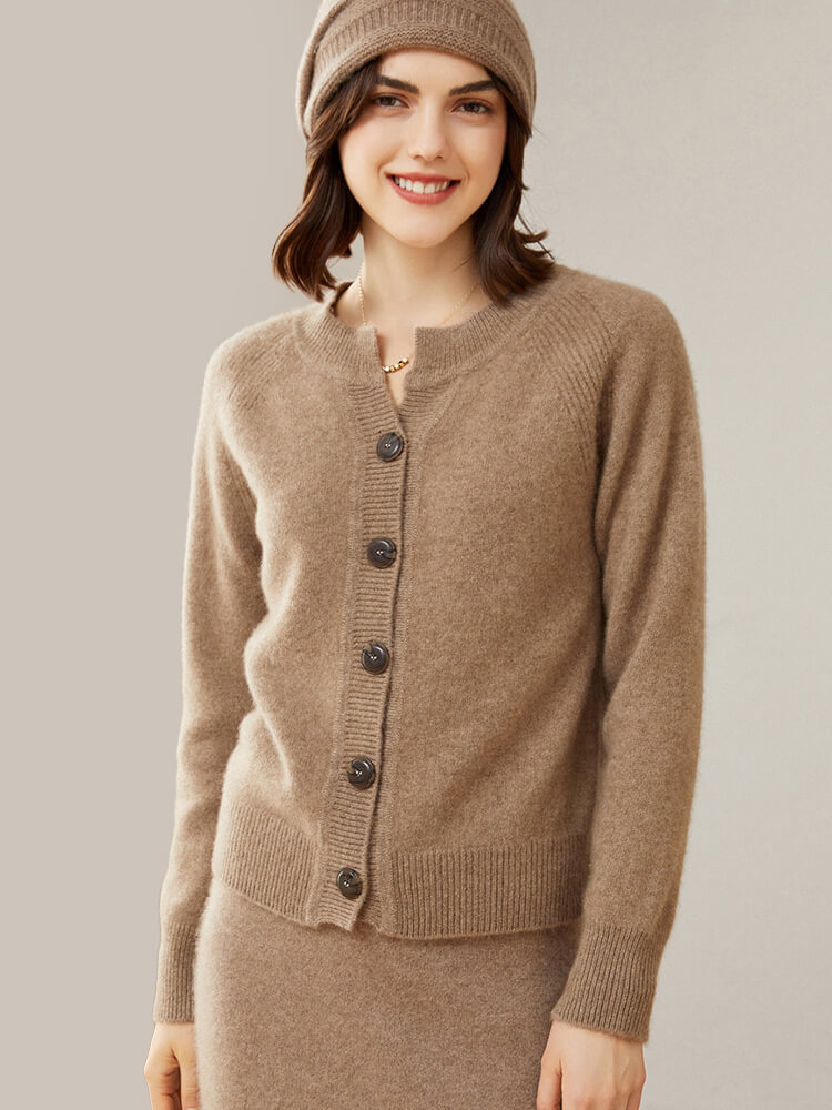 Raglan Sleeve V-Neck Button Front Cashmere Cardigan