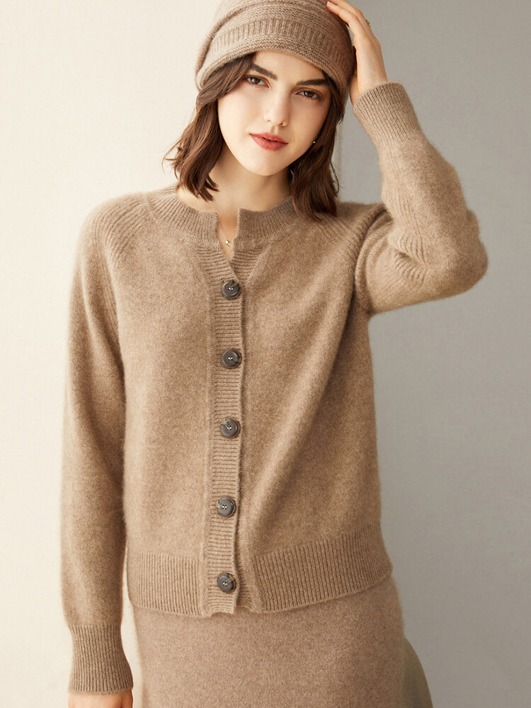 Raglan Sleeve V-Neck Button Front Cashmere Cardigan