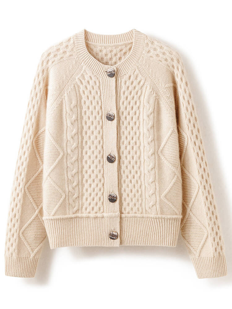 Crewneck Cable Knit Cashmere Cardigan for Women