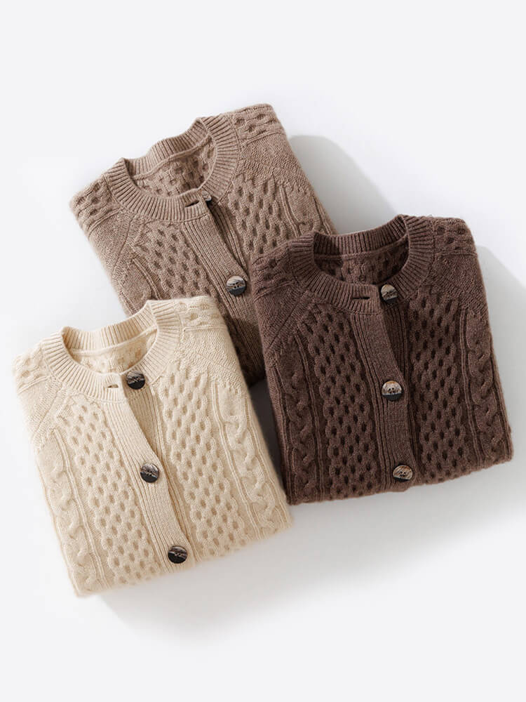 Crewneck Cable Knit Cashmere Cardigan for Women