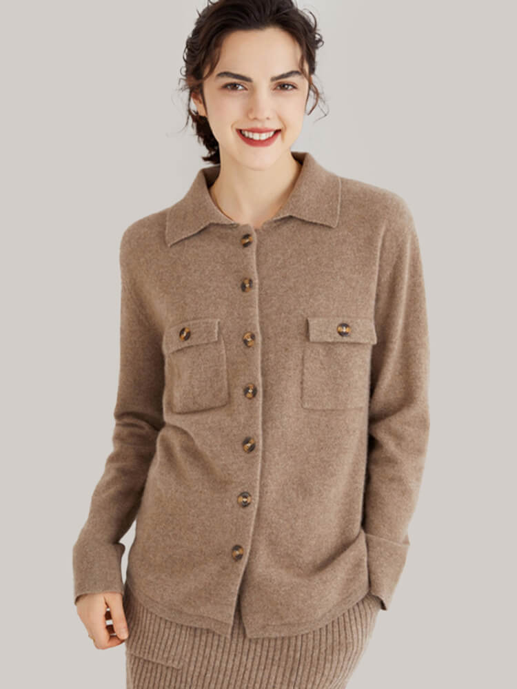 Womens Pure Cashmere Polo Cardigan with Pockets