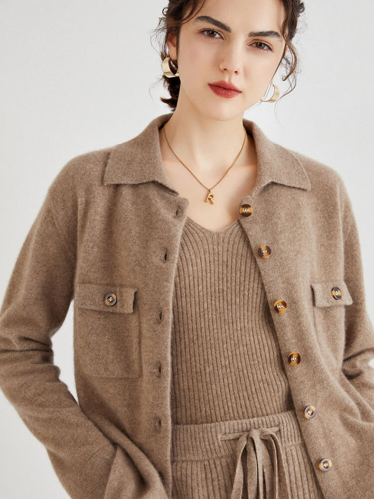 Womens Pure Cashmere Polo Cardigan with Pockets