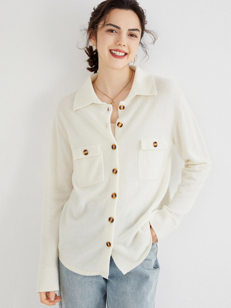 Womens Pure Cashmere Polo Cardigan with Pockets