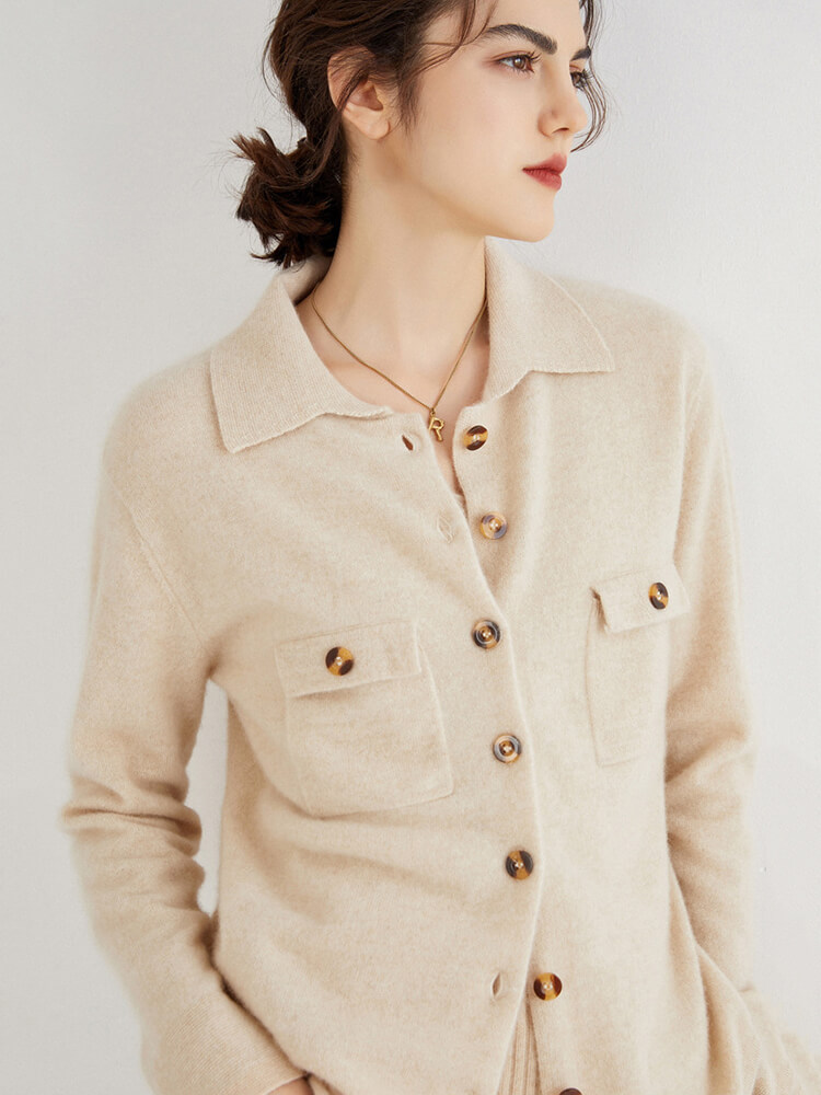 Womens Pure Cashmere Polo Cardigan with Pockets