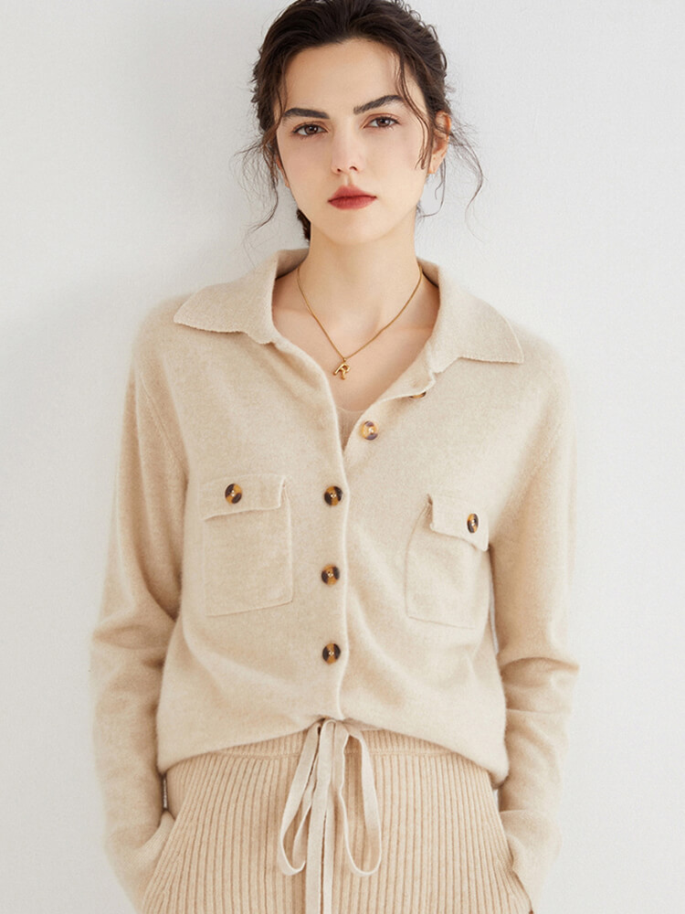 Womens Pure Cashmere Polo Cardigan with Pockets CC015 275.00