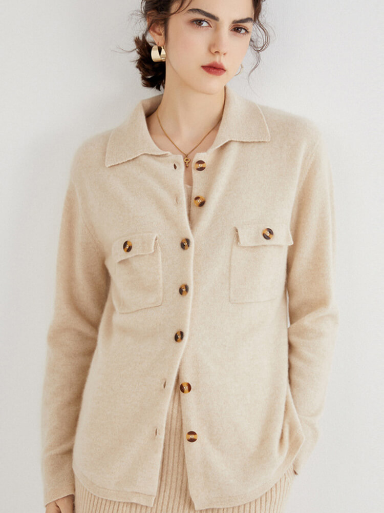 Womens Pure Cashmere Polo Cardigan with Pockets