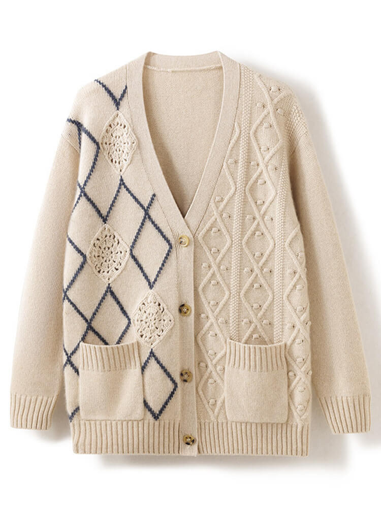 Crochet Knit Colorblock Pure Cashmere V-neck Cardigan Sweater