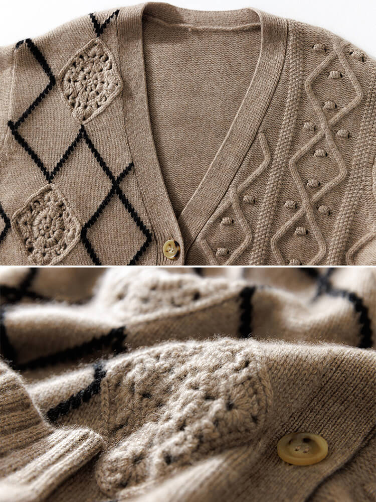 Crochet Knit Colorblock Pure Cashmere V-neck Cardigan Sweater