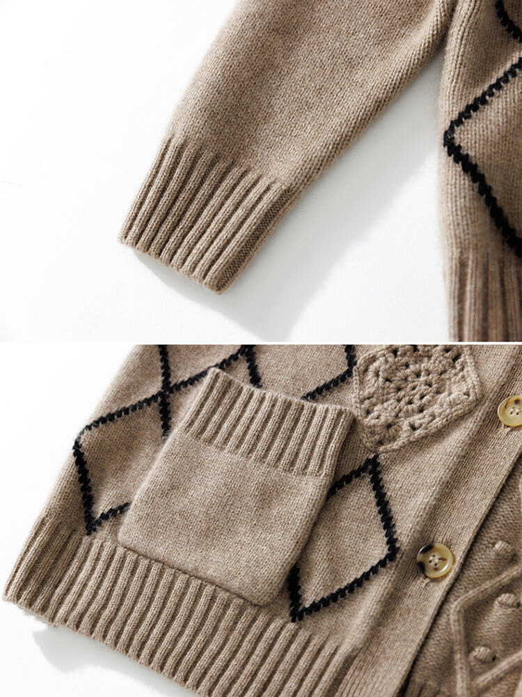 Crochet Knit Colorblock Pure Cashmere V-neck Cardigan Sweater