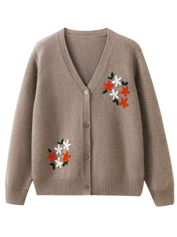 Embroidered V Neck Cashmere Cardigan Sweater