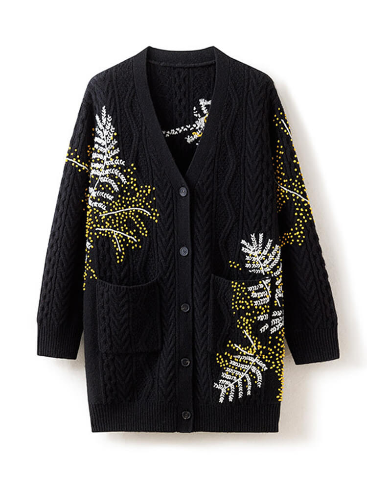 Hand Embroidered Luxury V Neck Mid Length Cashmere Cardigan (image for) Hand Embroidered Luxury V Neck Mid Length Cashmere Cardigan