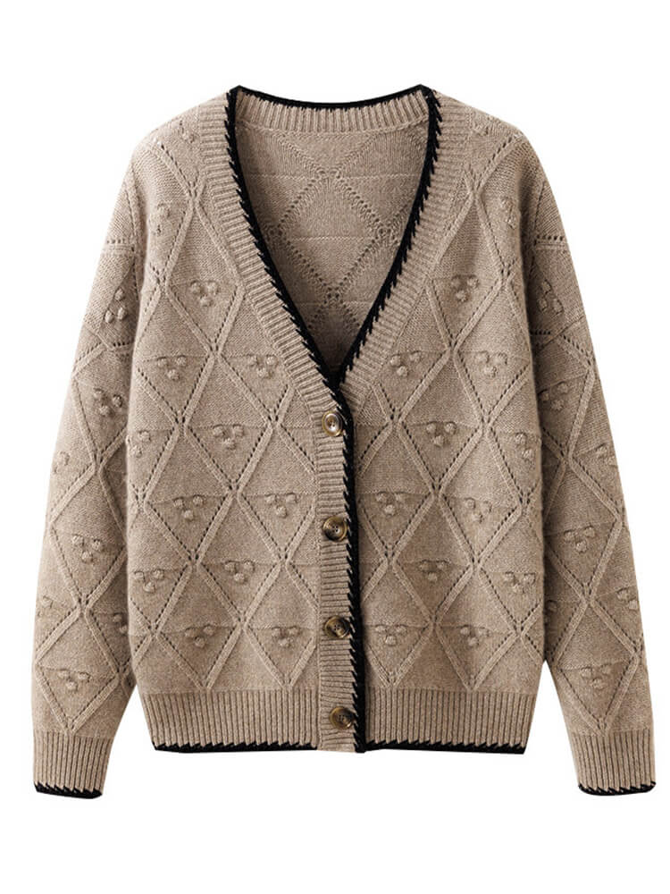 Black Trimmed Cable Knit V Neck Short Cashmere Cardigan