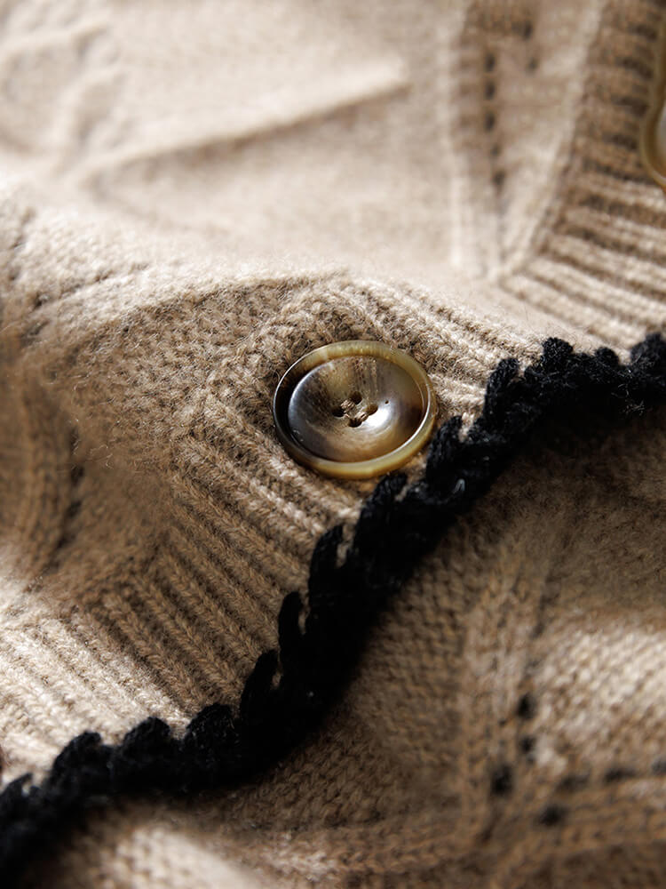 Black Trimmed Cable Knit V Neck Short Cashmere Cardigan