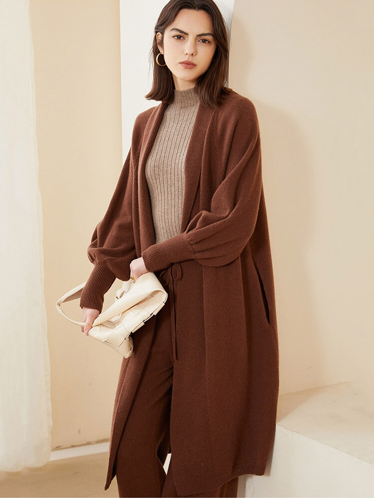 Open Front Long Puff Sleeve Cashmere Robe Cardigan