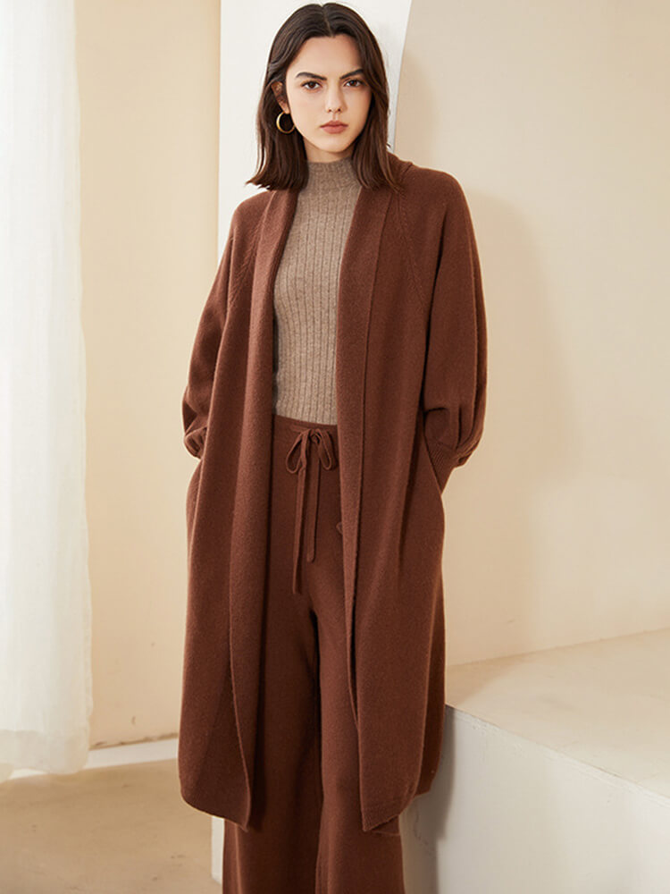 Open Front Long Puff Sleeve Cashmere Robe Cardigan