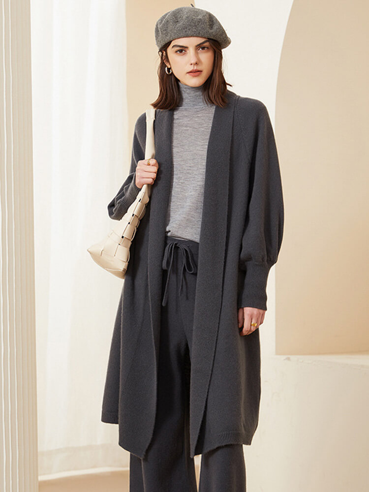 Open Front Long Puff Sleeve Cashmere Robe Cardigan