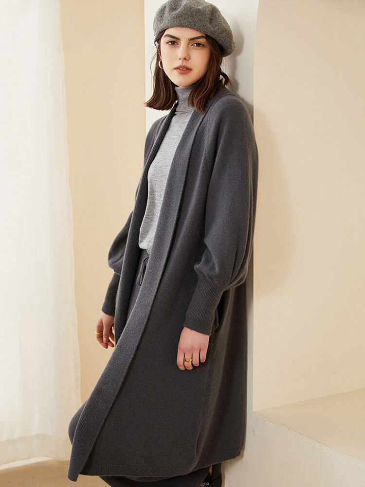 Open Front Long Puff Sleeve Cashmere Robe Cardigan