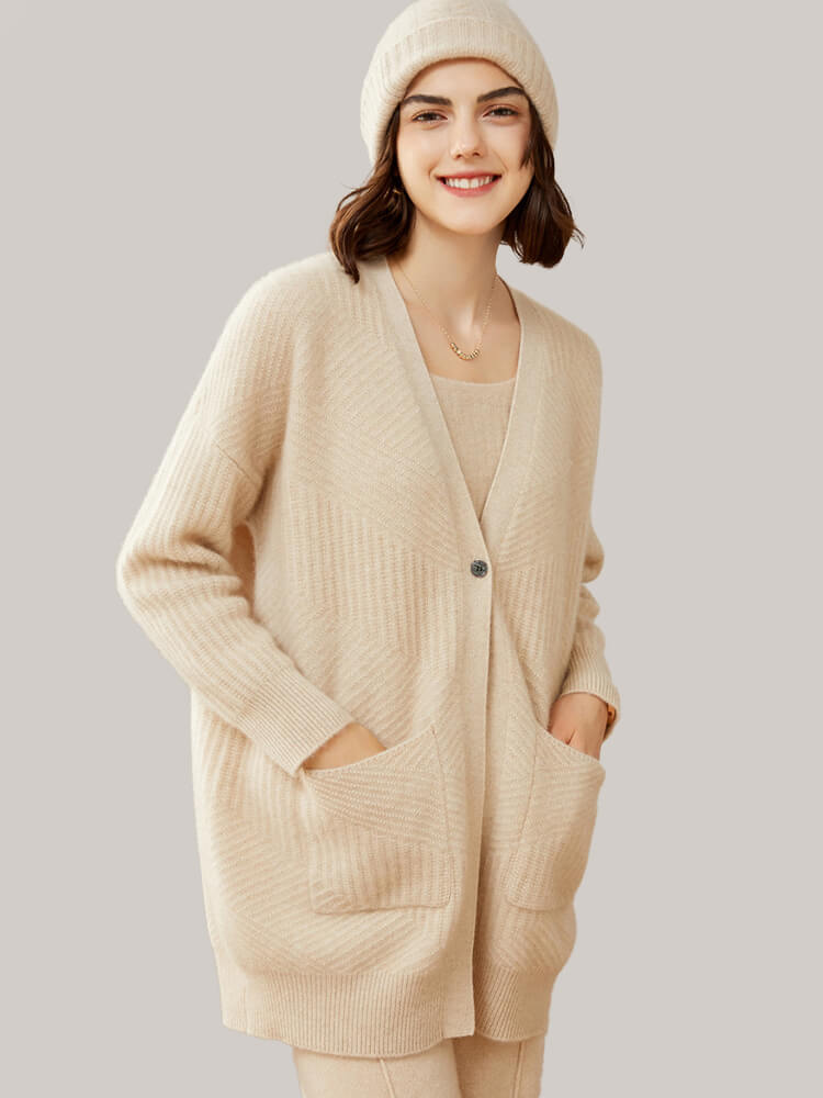 One Button V Neck Ribbed Cashmere Cardigan