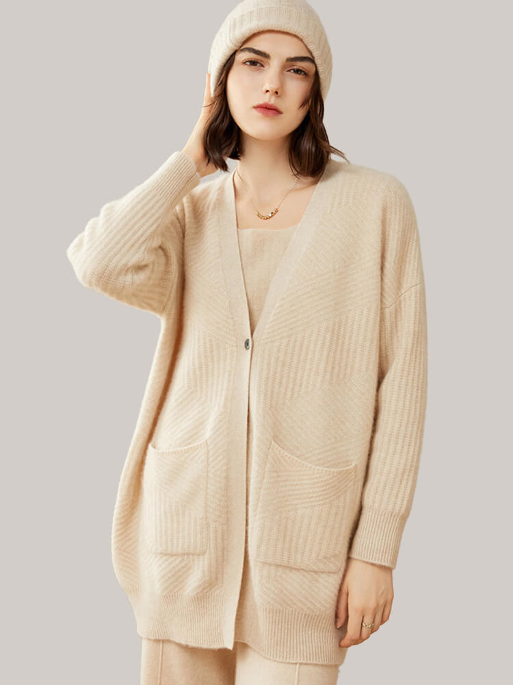 One Button V Neck Ribbed Cashmere Cardigan