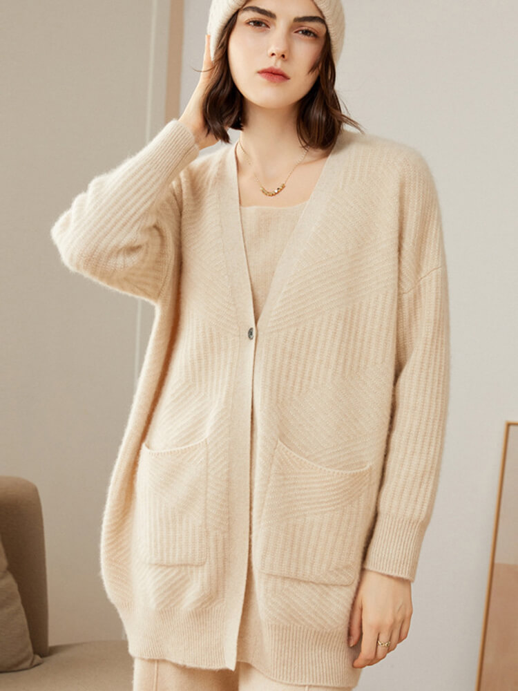 One Button V Neck Ribbed Cashmere Cardigan