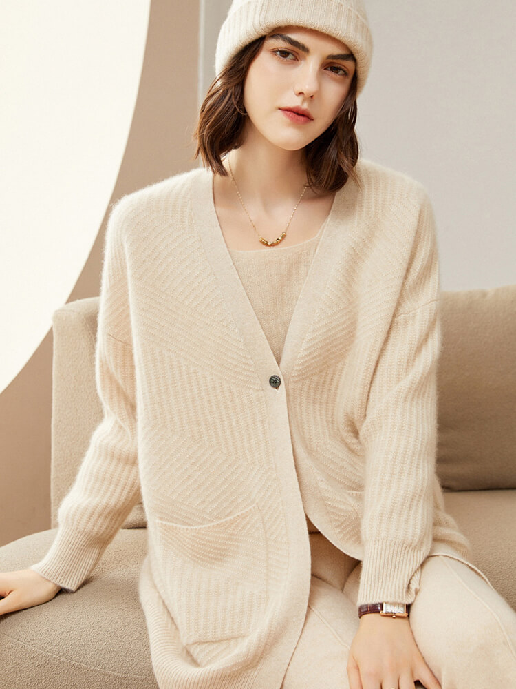 One Button V Neck Ribbed Cashmere Cardigan