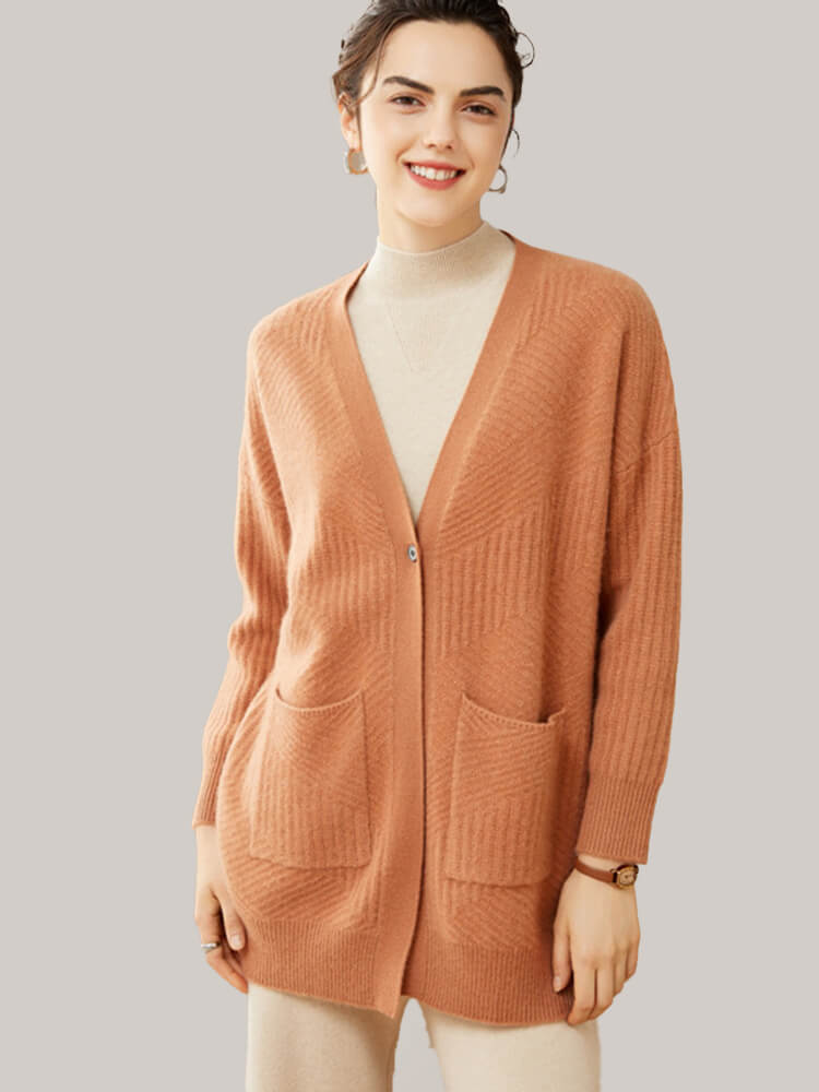 One Button V Neck Ribbed Cashmere Cardigan