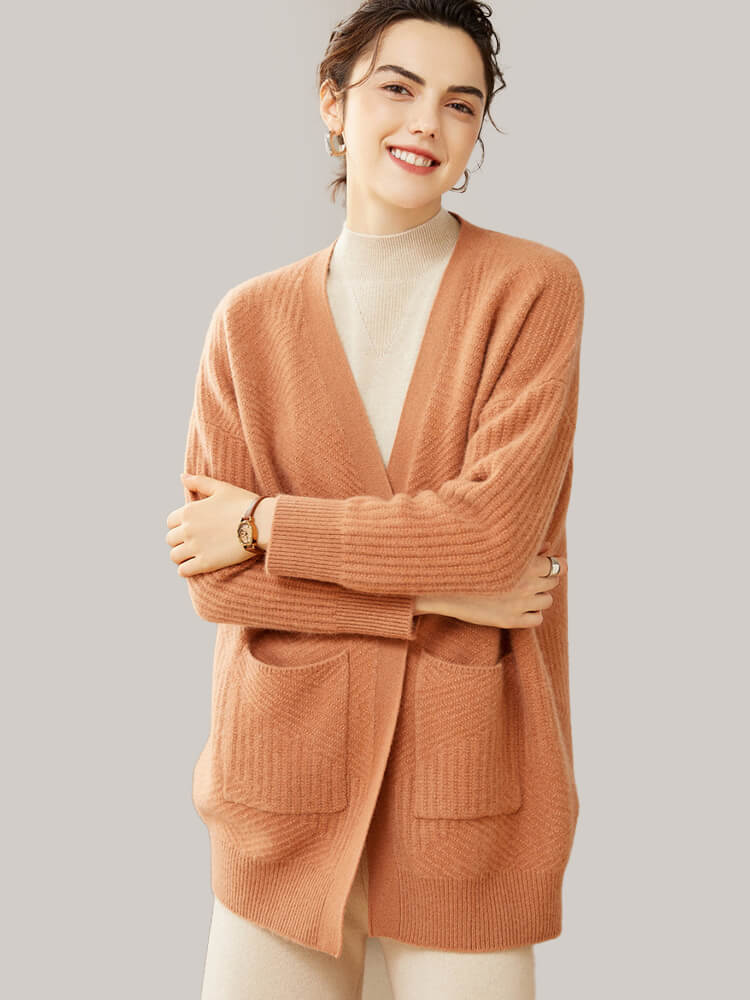 One Button V Neck Ribbed Cashmere Cardigan