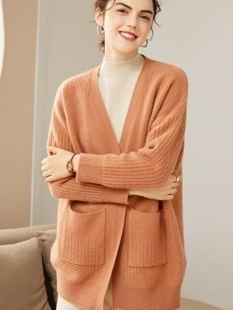 One Button V Neck Ribbed Cashmere Cardigan