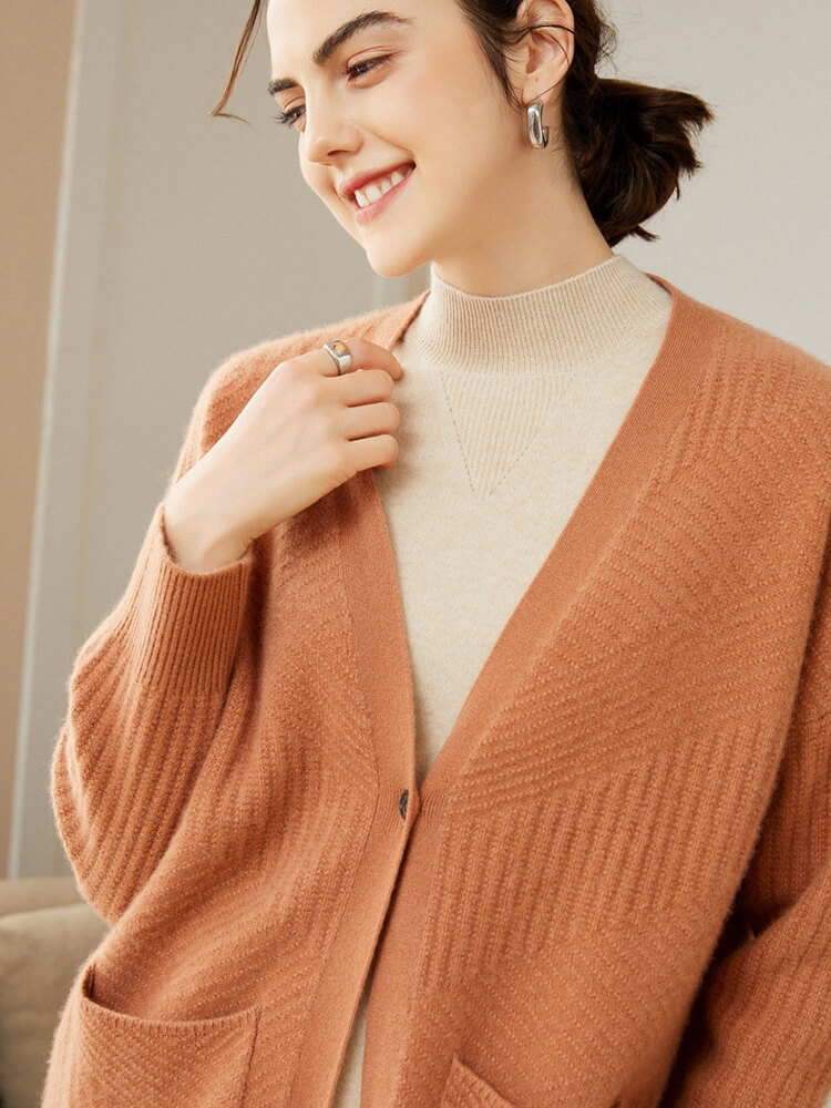 One Button V Neck Ribbed Cashmere Cardigan