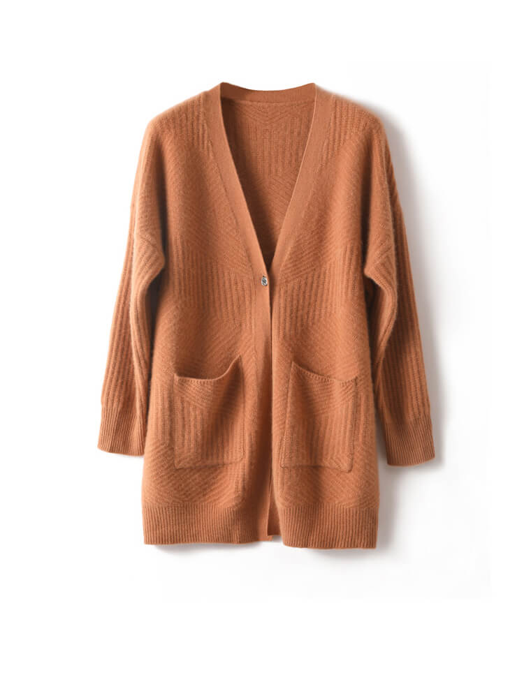 One Button V Neck Ribbed Cashmere Cardigan