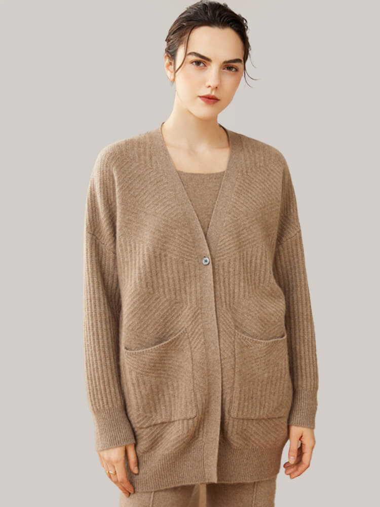 One Button V Neck Ribbed Cashmere Cardigan