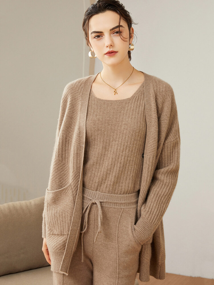 One Button V Neck Ribbed Cashmere Cardigan