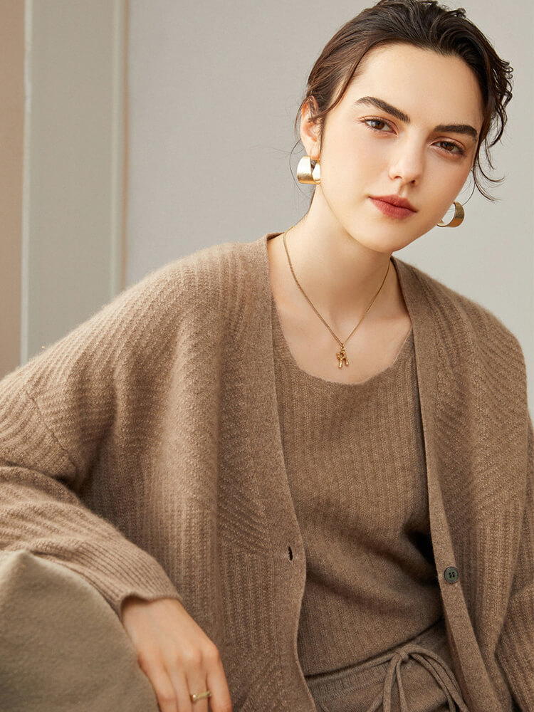 One Button V Neck Ribbed Cashmere Cardigan