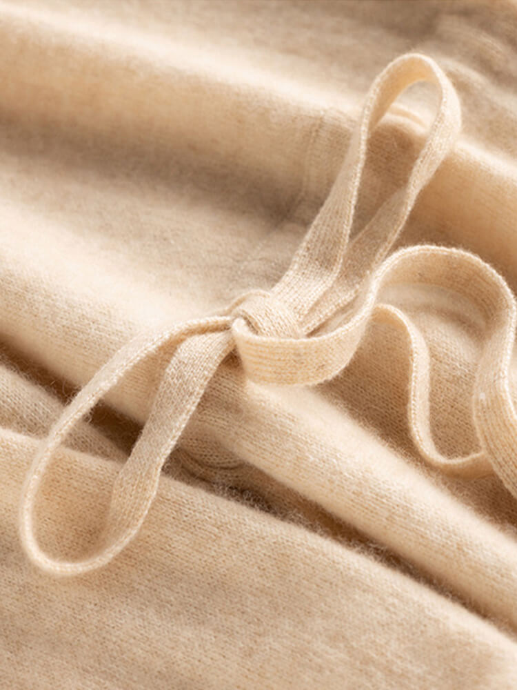 Elegant V-Neck Cashmere Midi Dress with Adjustable Waist Tie