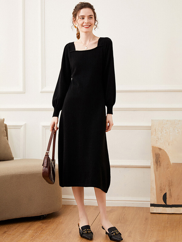 Elegant Wool Cashmere Blend Autumn Dress with Puff Sleeves