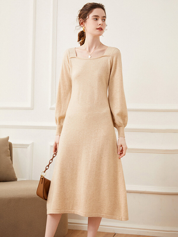 Elegant Wool Cashmere Blend Autumn Dress with Puff Sleeves