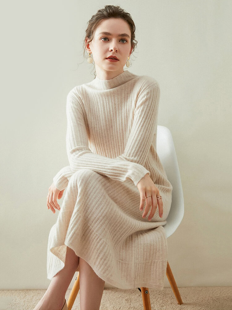 35% Cashmere Blend Ribbed Mock Neck Long Sleeve Midi Dress