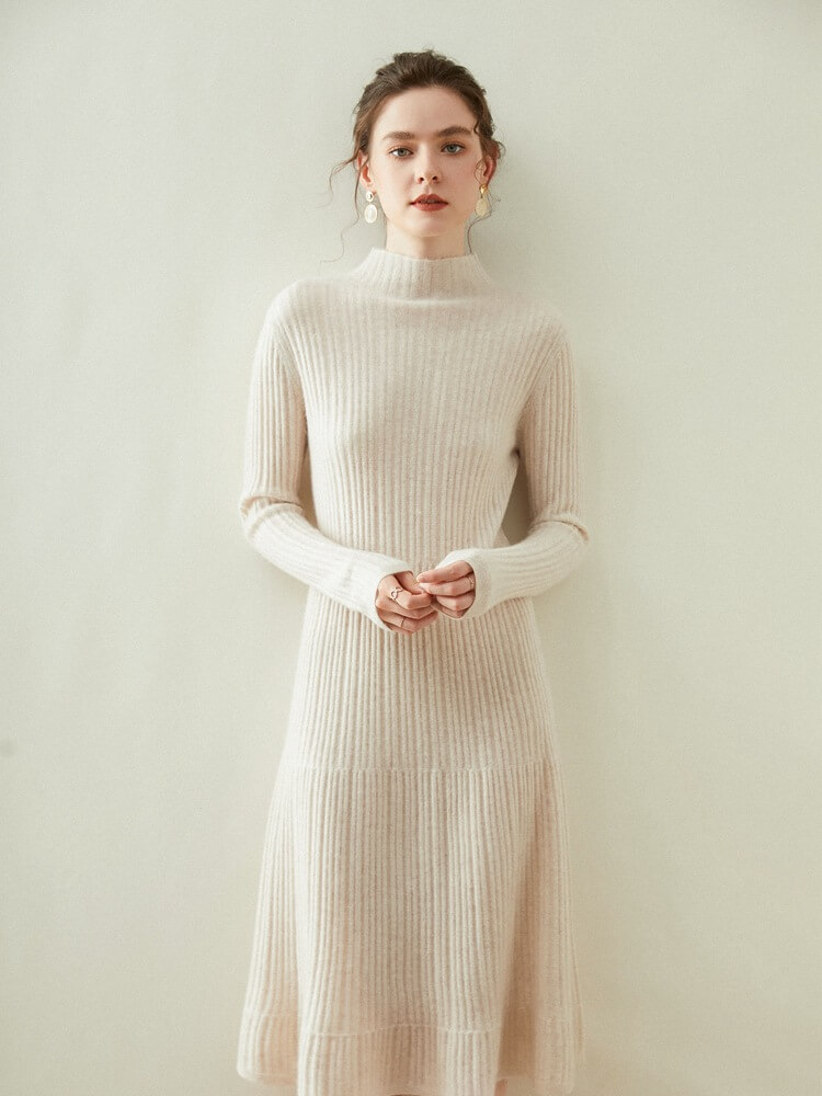 35% Cashmere Blend Ribbed Mock Neck Long Sleeve Midi Dress