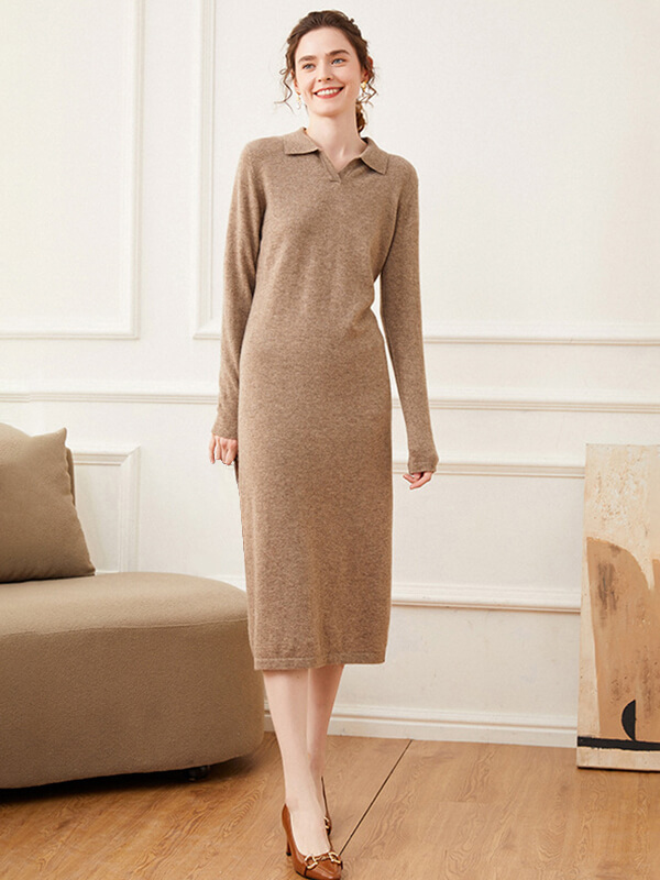 Wool Cashmere Blend Casual Autumn Polo Sweater Dress