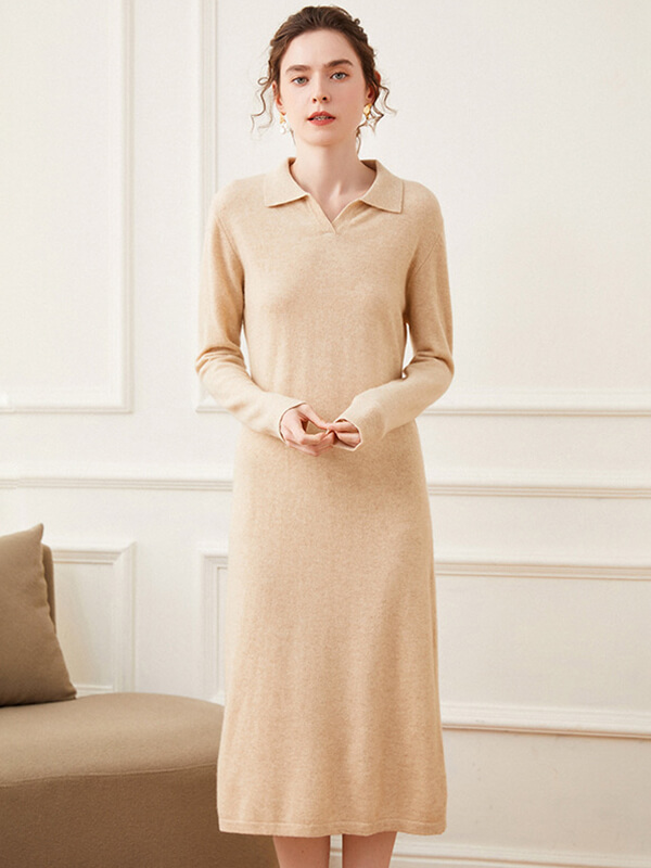 Wool Cashmere Blend Casual Autumn Polo Sweater Dress